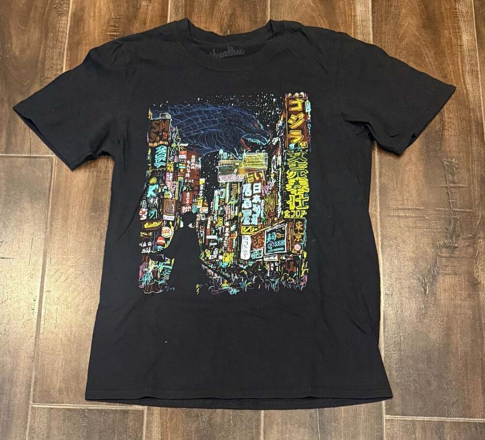 GODZILLA KAIJU CITY Mens Threadless Rare T-Shirt Sz Med Black Kooky Love Design